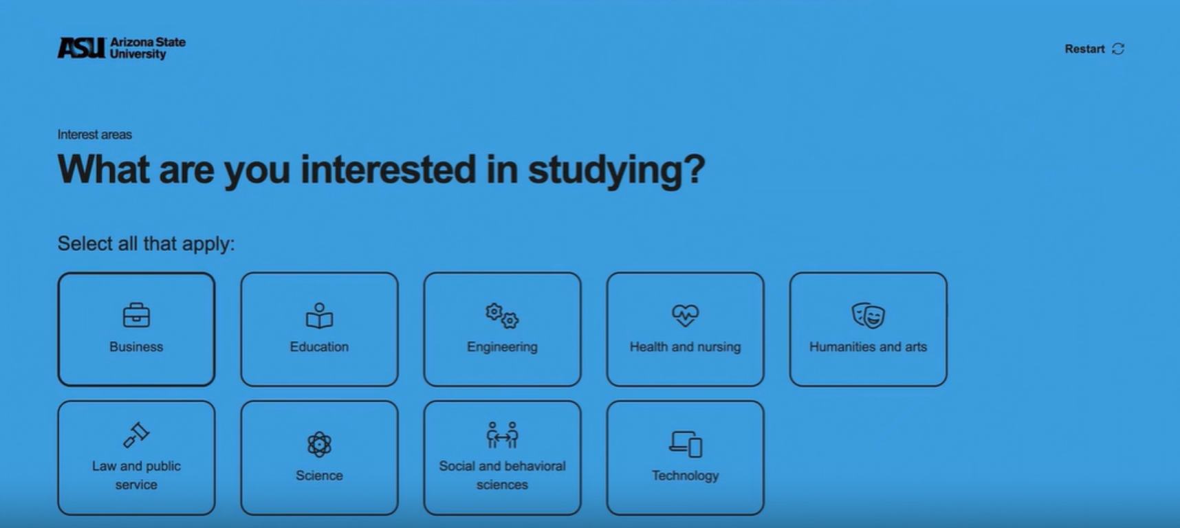 DegreeMe quiz step asking "What are you interested in studying?" with selectable subject-area cards