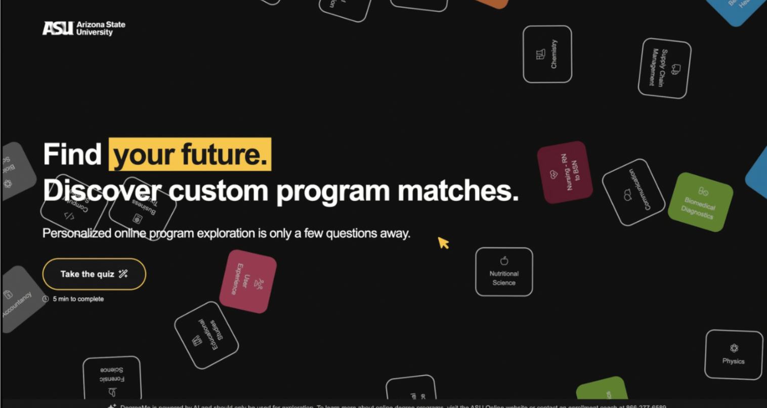DegreeMe "Find your future. Discover custom program matches." quiz landing hero with a Take the quiz button