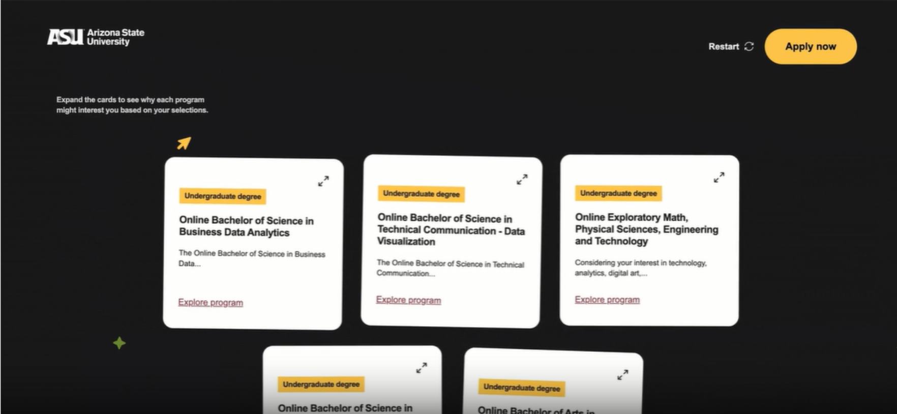 DegreeMe AI-generated undergraduate degree recommendation result cards with Explore program links