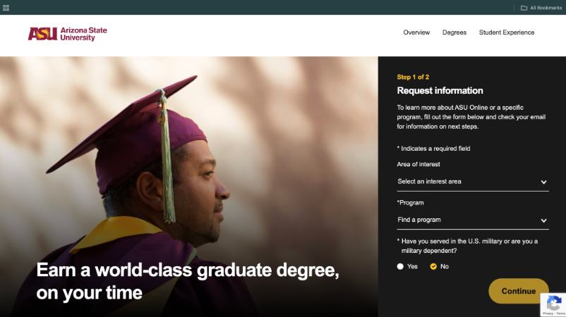 ASU Online graduate degree landing page with "Earn a world-class graduate degree, on your time" hero and Request Information form