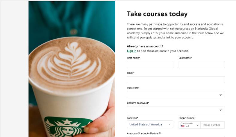 Starbucks Global Academy course enrollment form for taking courses today