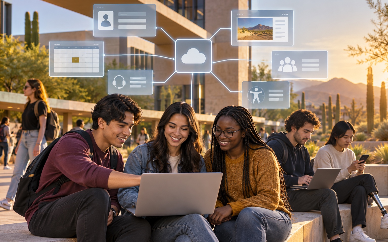 University students using a connected digital-services hub on campus
