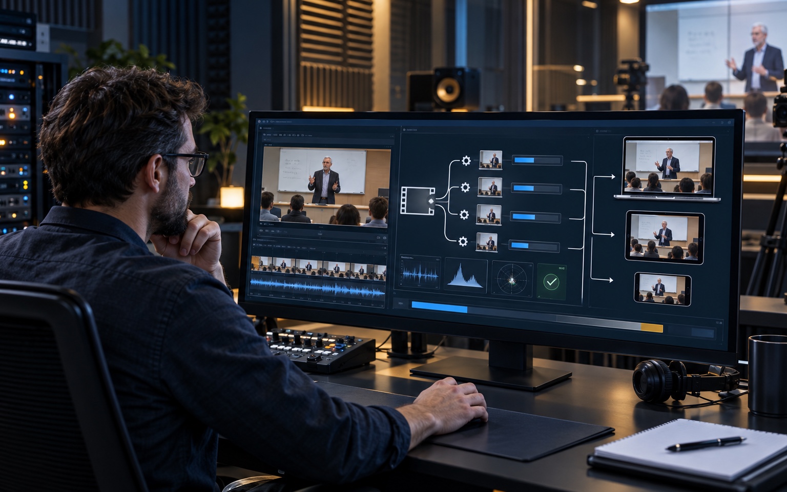 Media engineer monitoring a lecture-video transcoding workflow across devices