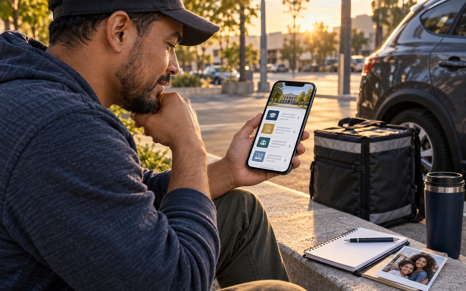 Gig worker exploring flexible education benefits between delivery shifts